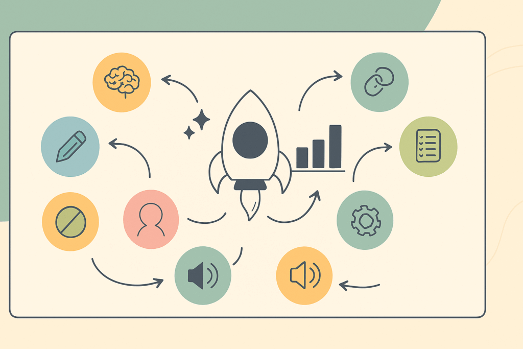 Diagram with rocket and eight circular icons