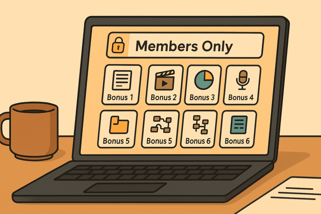Laptop showing a members-only site dashboard with bonus icons